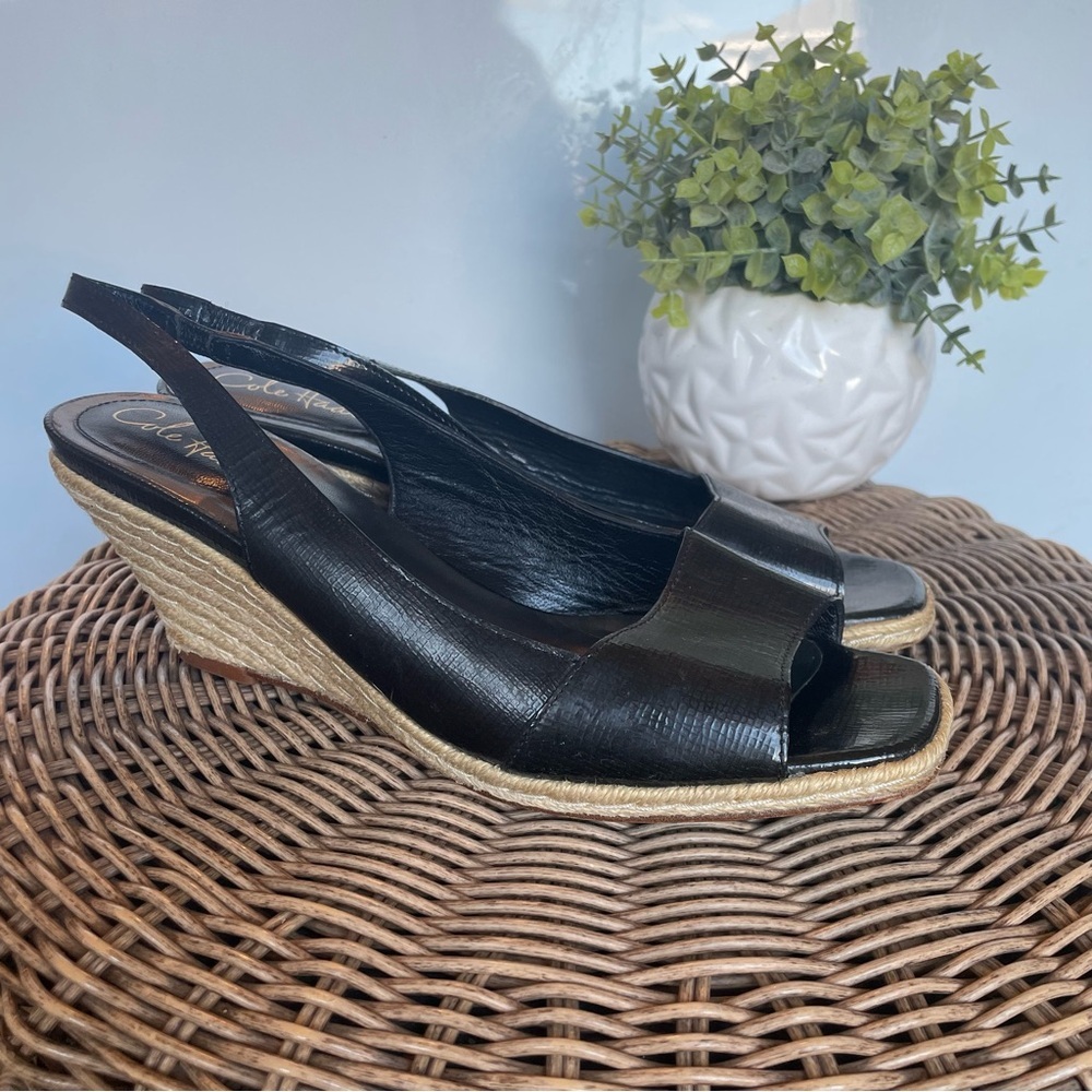 Cole Haan Black Peep-Toe Slingback Wedges - Picture 5 of 15